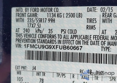 2015 Ford Escape Se from USA, damaged, VIN 1FMCU9G9XFUB60667